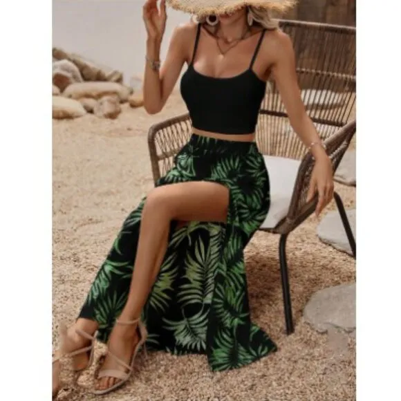 🩵 2 piece skirt set crop top and maxi skirt boho tropical leaf