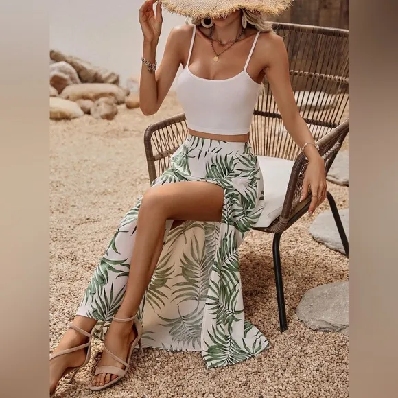 🩵 2 piece skirt set crop top and maxi skirt boho tropical leaf