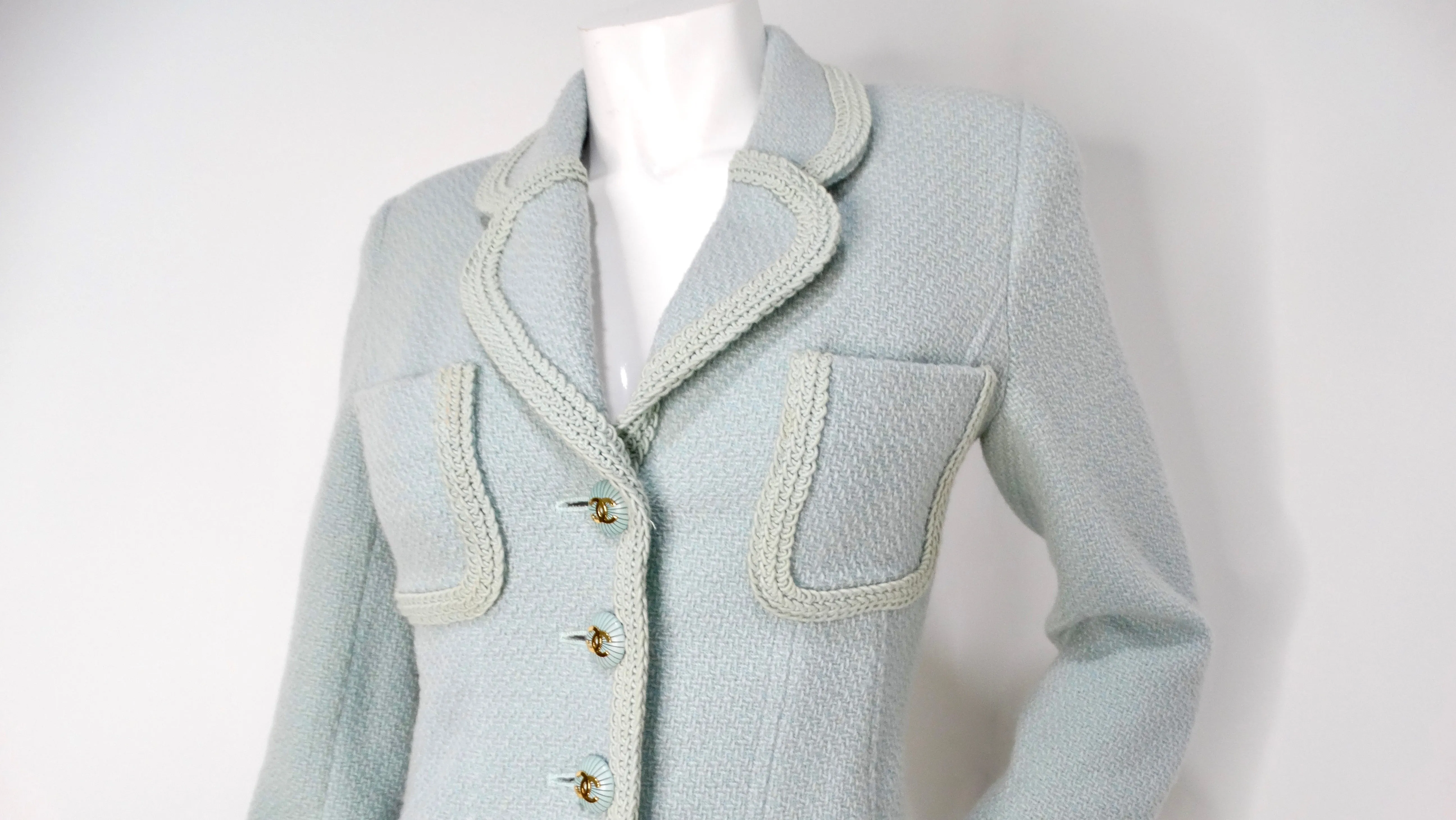 1993 Chanel Mint Pastel Blue Tweed Jacket With Interlocking CC Logo Buttons