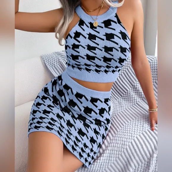 Alina Houndstooth Sweater Set - Blue