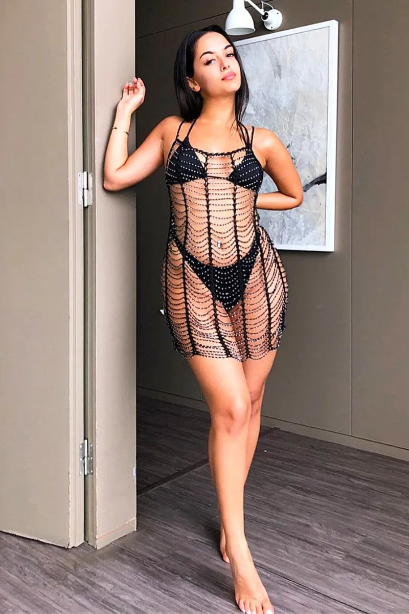 Black Beaded Net Drop Dress - Blessyn