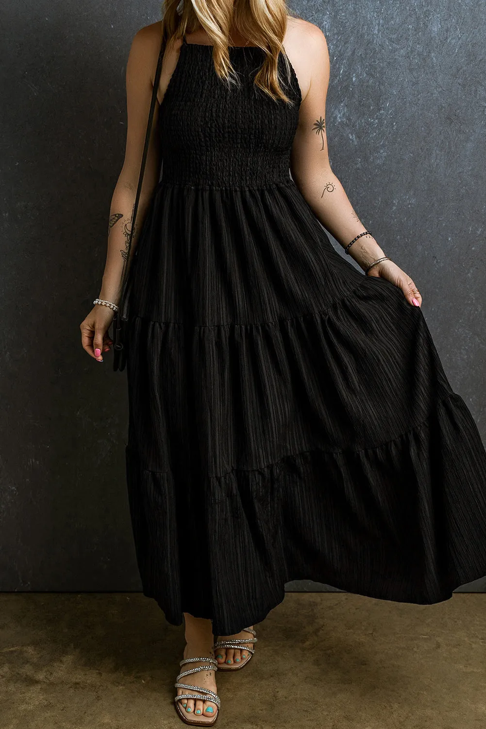 Black Smocked Maxi Dress