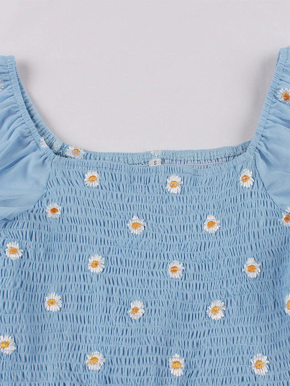 Blue Daisy Puff Sleeve Smocking 1950S Vintage Dress