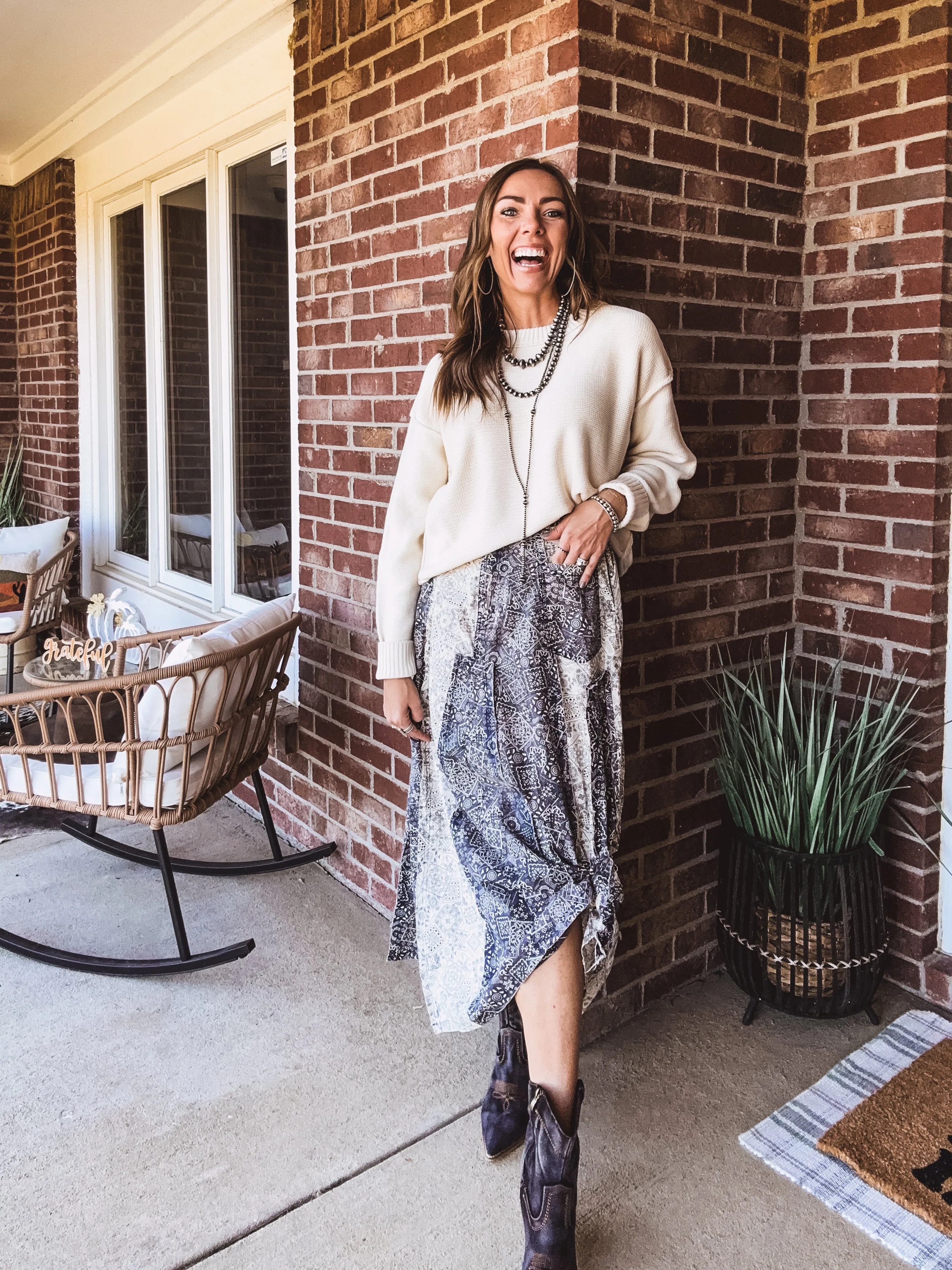 Blue Washed Scarf Print Skirt