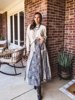 Blue Washed Scarf Print Skirt