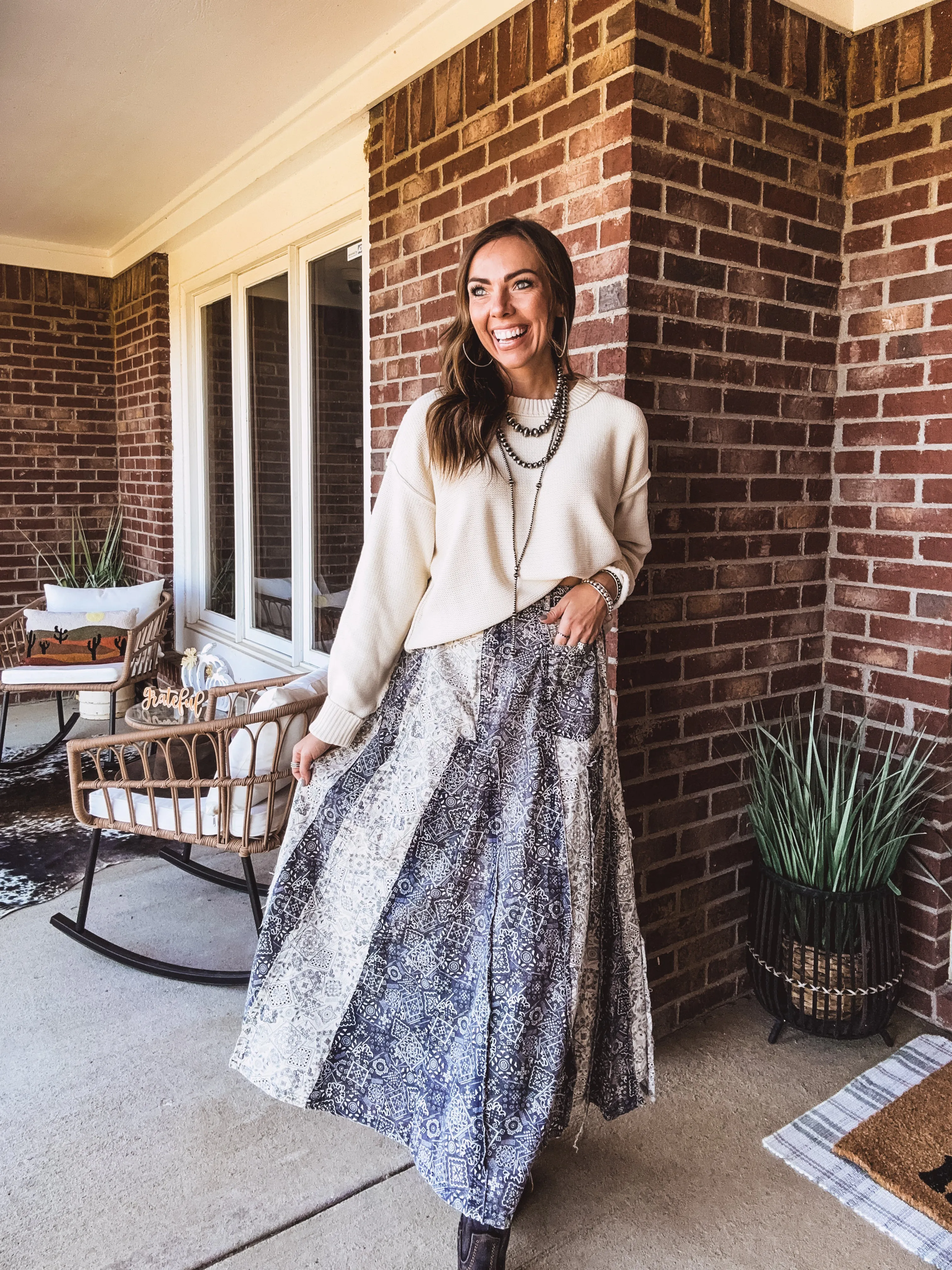 Blue Washed Scarf Print Skirt
