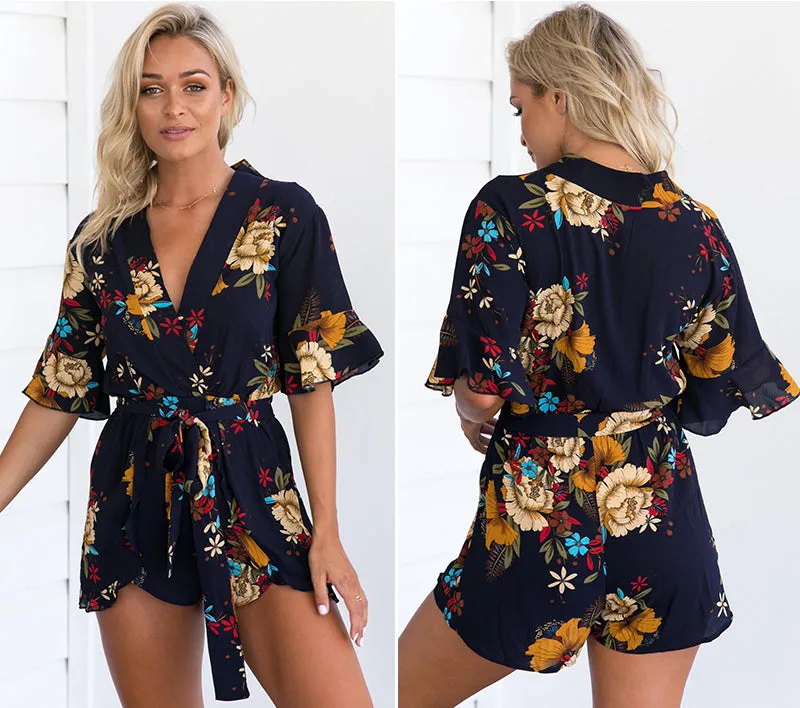 Boho Red Floral Print Ruffles Romper