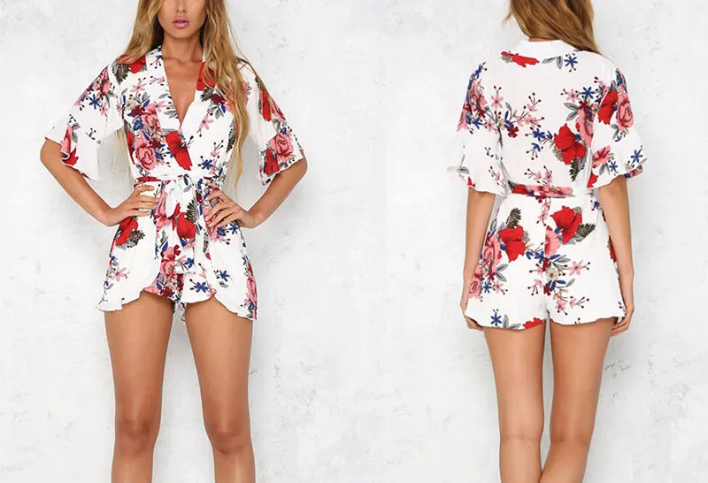 Boho Red Floral Print Ruffles Romper