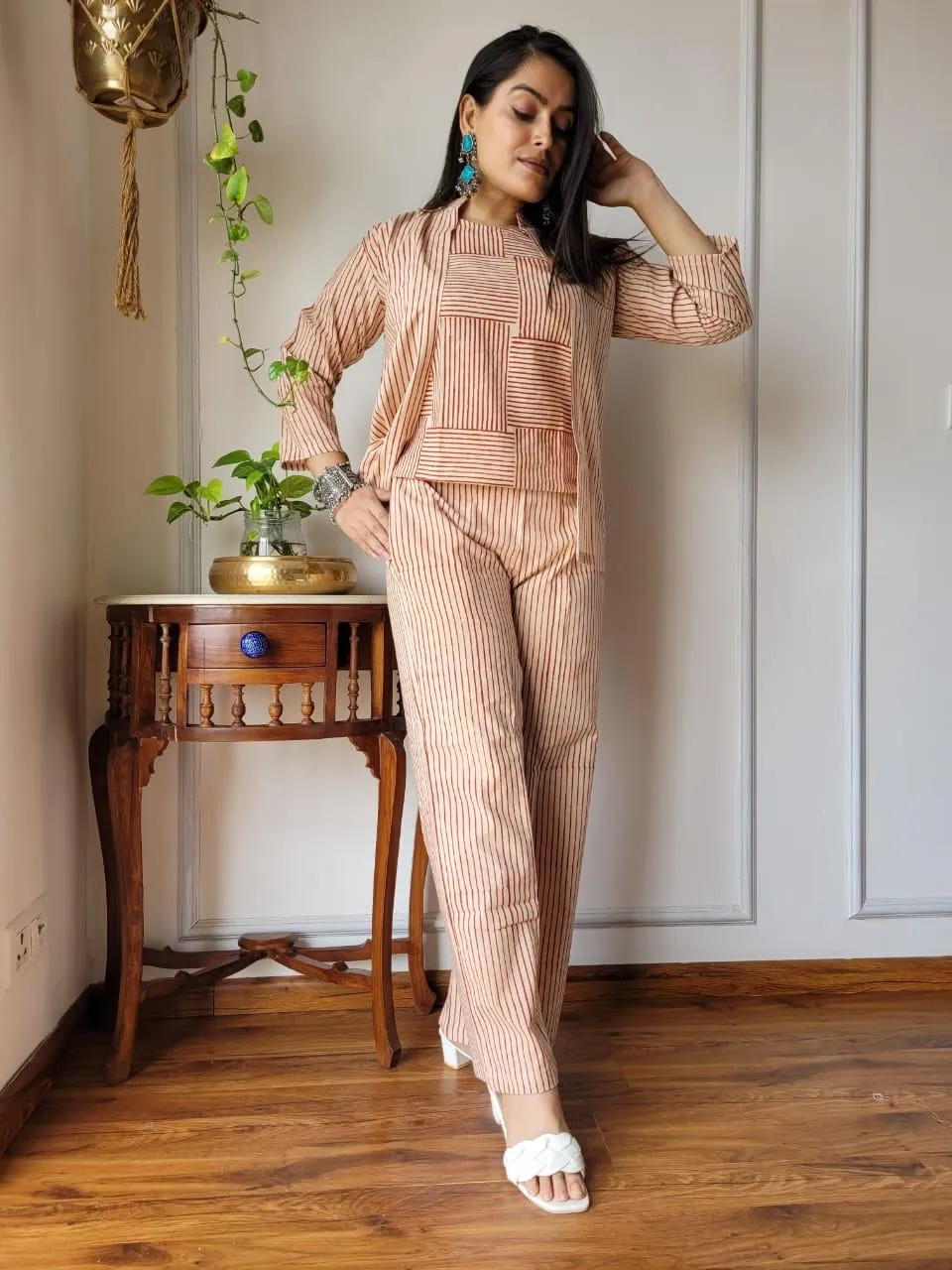 Brown Formal Block Print 3 piece Cord Set