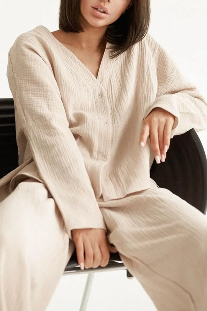 Chouyatou Womens Cotton Gauze Loungewear Sets Casual 2 Piece Sleepwear Button Down Shirt and Wide Leg Pants Outfits