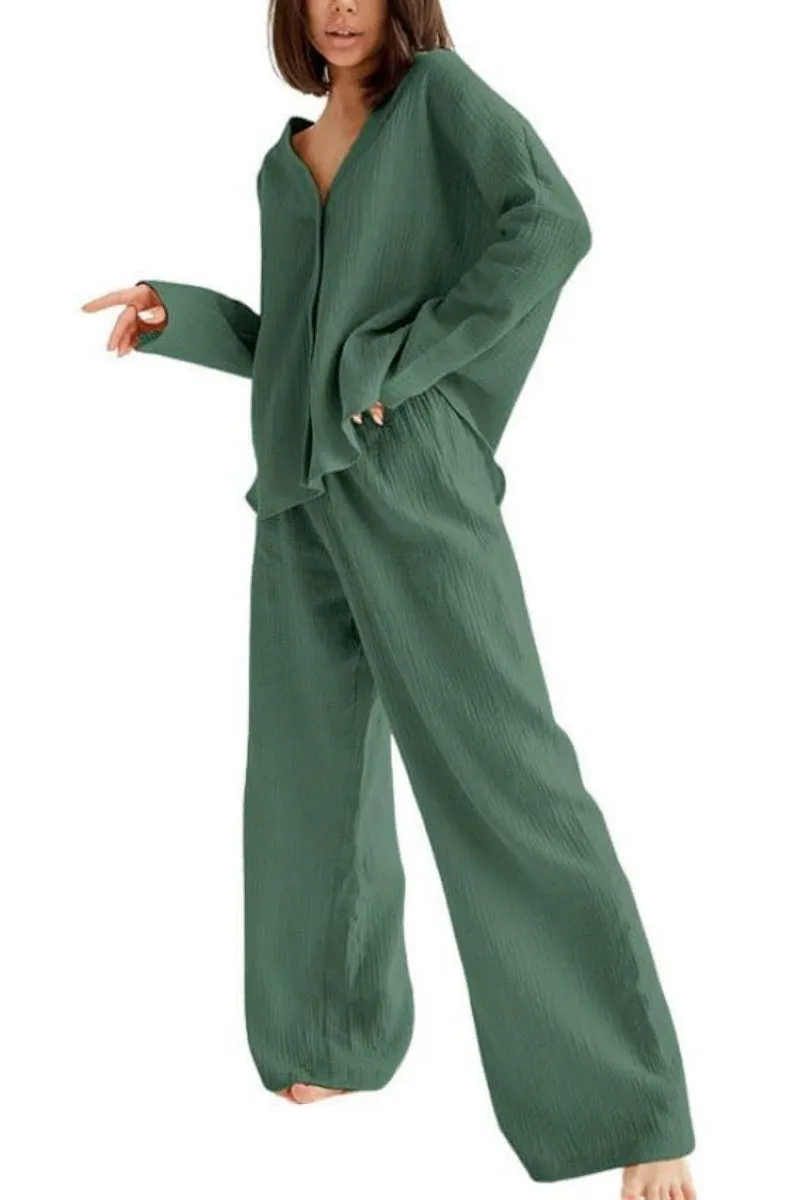 Chouyatou Womens Cotton Gauze Loungewear Sets Casual 2 Piece Sleepwear Button Down Shirt and Wide Leg Pants Outfits