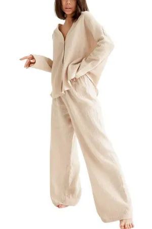 Chouyatou Womens Cotton Gauze Loungewear Sets Casual 2 Piece Sleepwear Button Down Shirt and Wide Leg Pants Outfits
