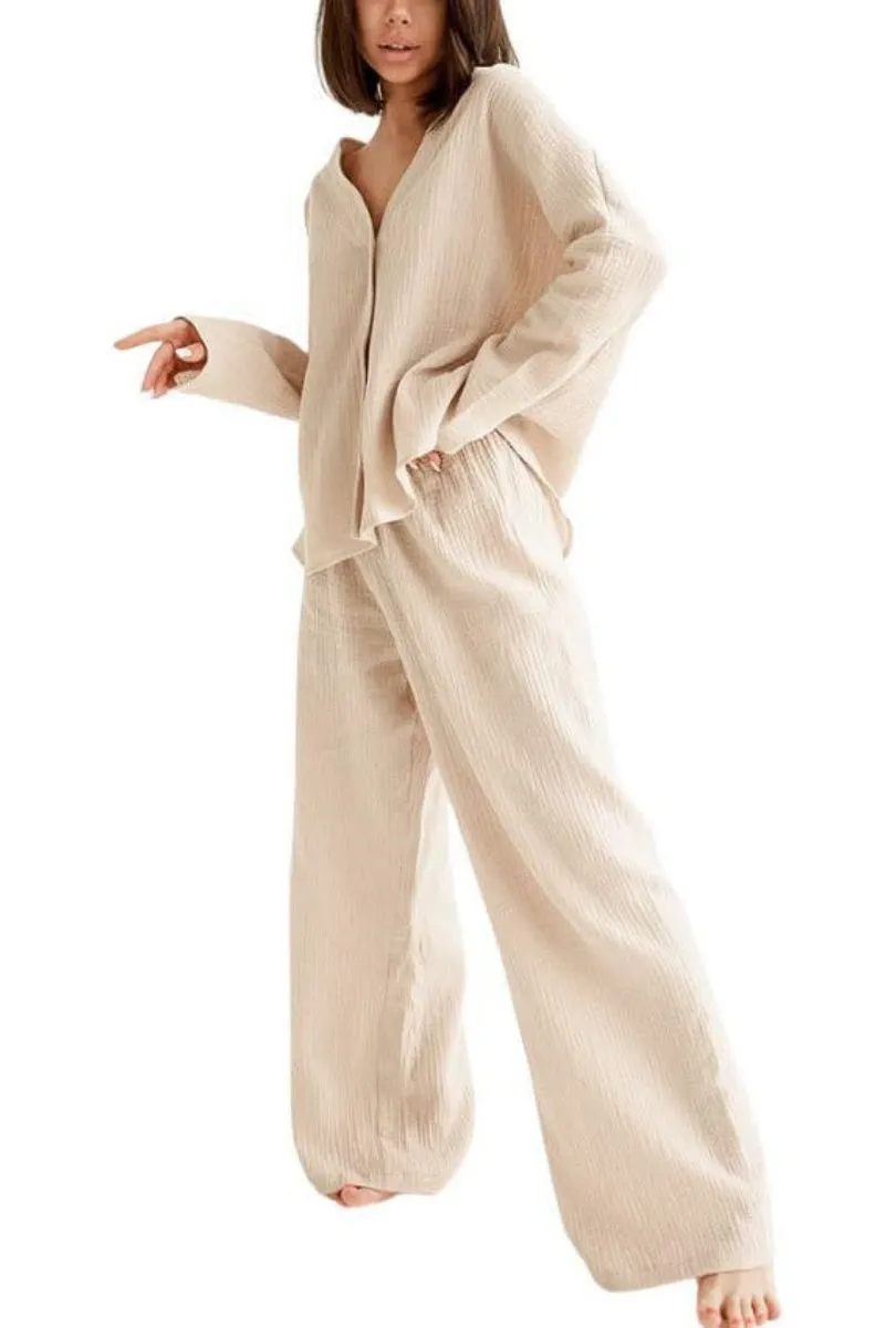 Chouyatou Womens Cotton Gauze Loungewear Sets Casual 2 Piece Sleepwear Button Down Shirt and Wide Leg Pants Outfits