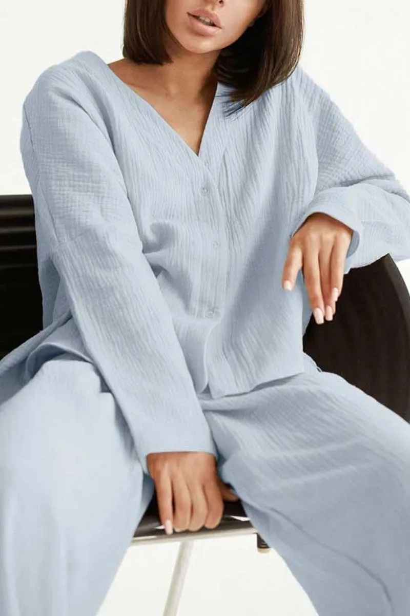 Chouyatou Womens Cotton Gauze Loungewear Sets Casual 2 Piece Sleepwear Button Down Shirt and Wide Leg Pants Outfits
