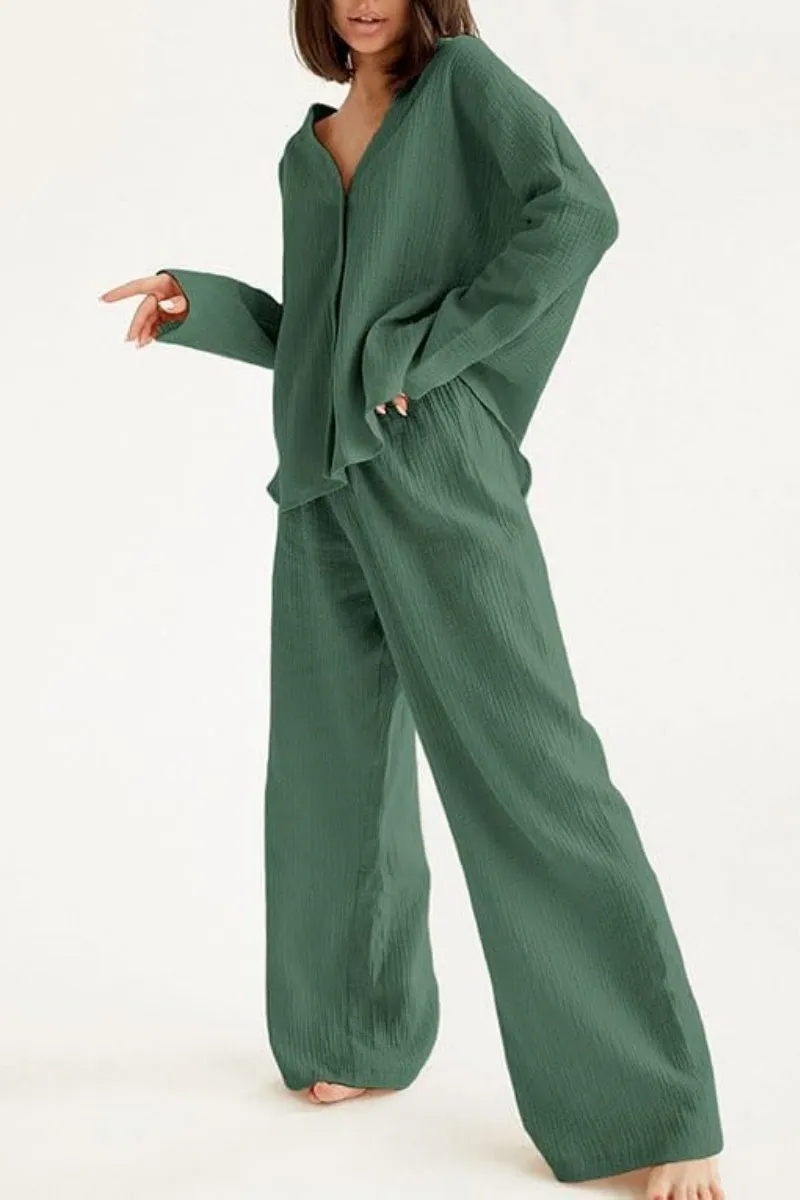 Chouyatou Womens Cotton Gauze Loungewear Sets Casual 2 Piece Sleepwear Button Down Shirt and Wide Leg Pants Outfits