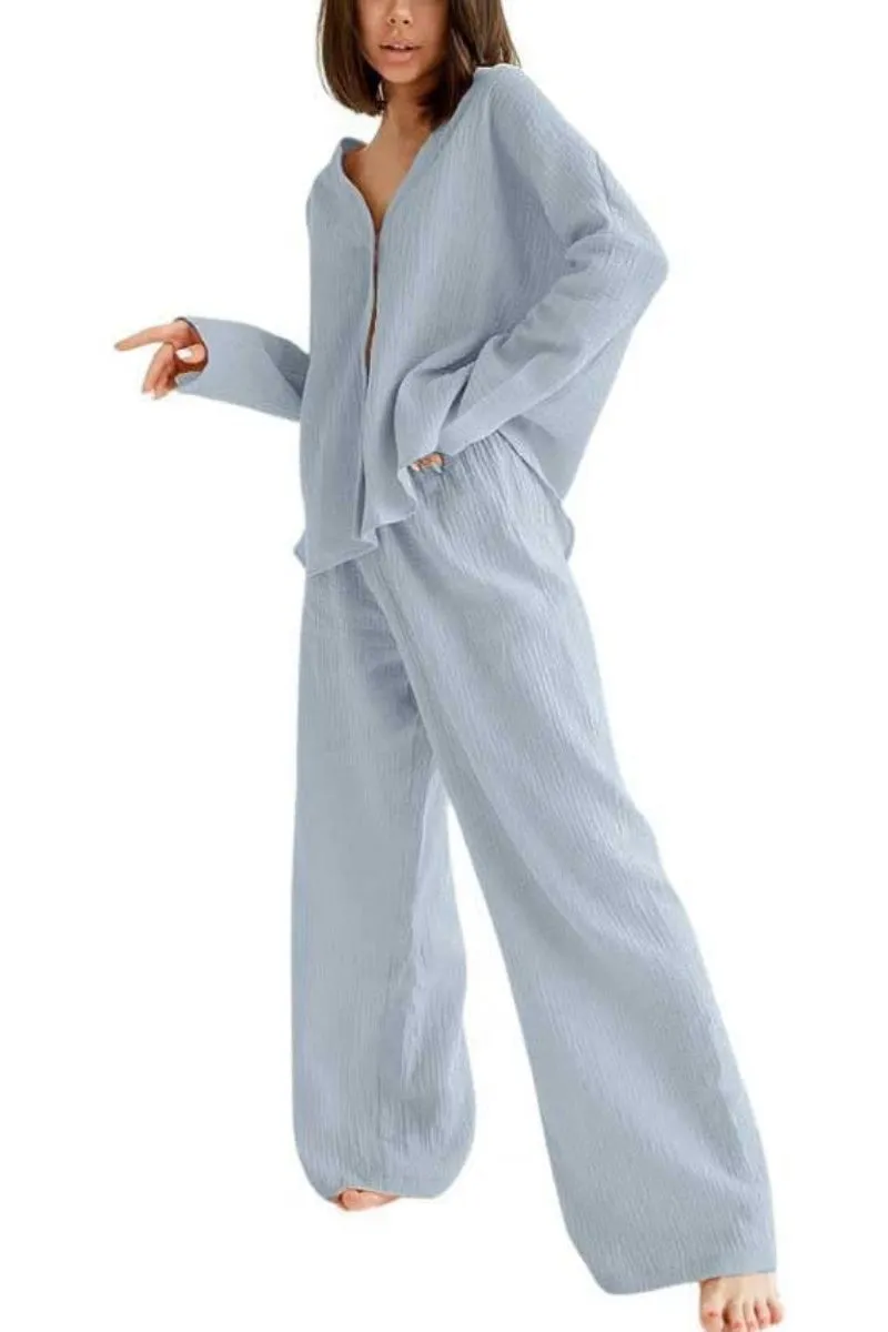 Chouyatou Womens Cotton Gauze Loungewear Sets Casual 2 Piece Sleepwear Button Down Shirt and Wide Leg Pants Outfits