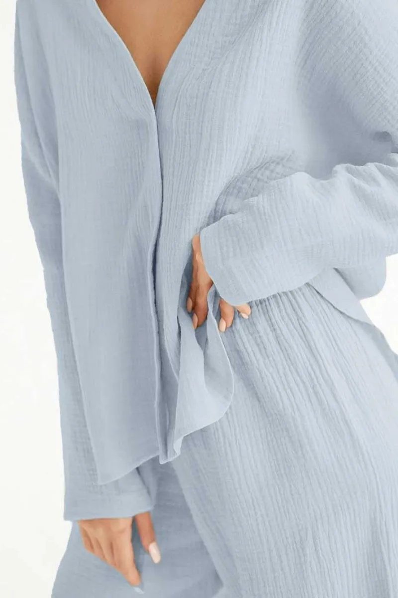 Chouyatou Womens Cotton Gauze Loungewear Sets Casual 2 Piece Sleepwear Button Down Shirt and Wide Leg Pants Outfits