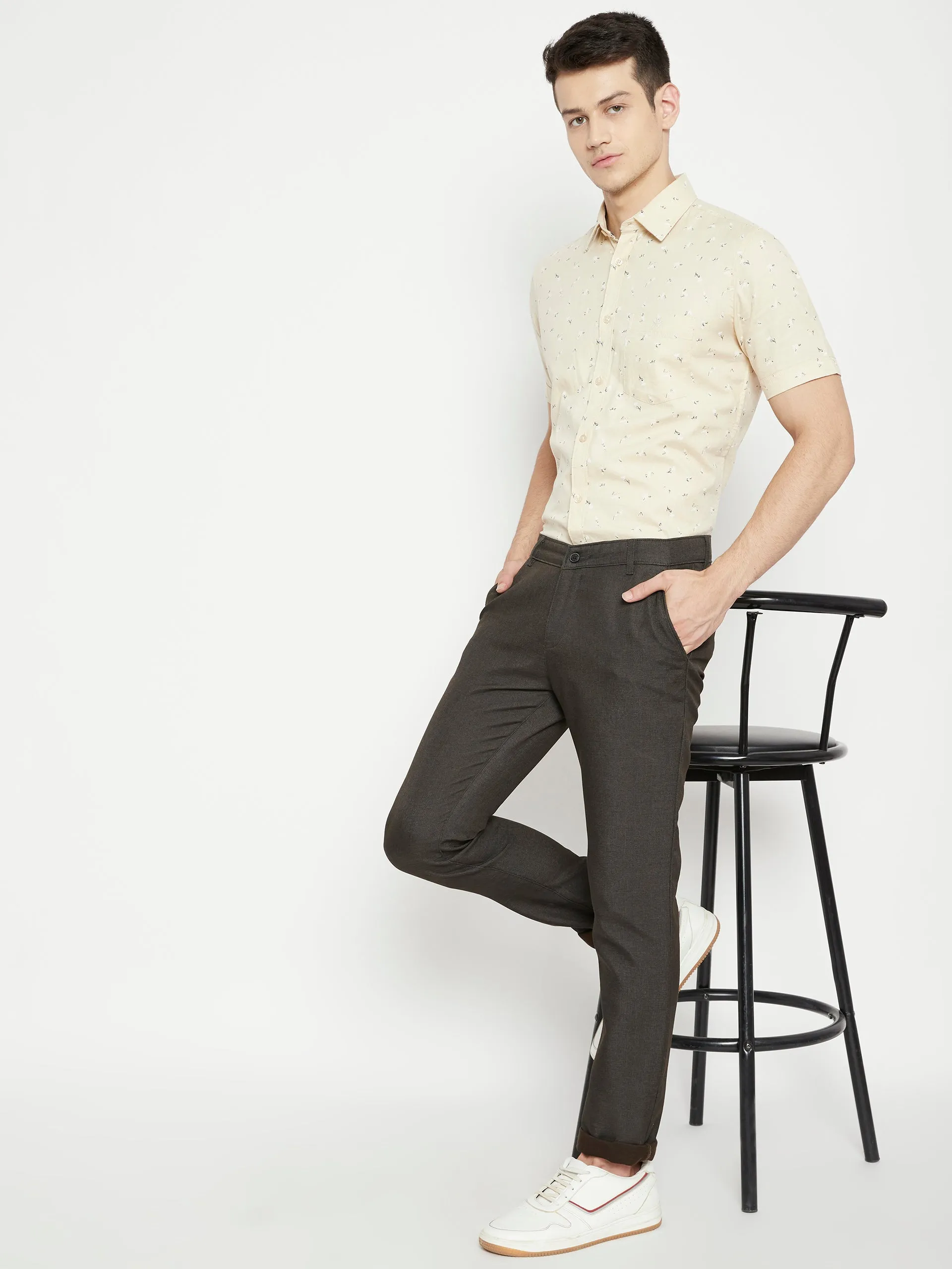 Cream Floral Printed Slim Fit shirt