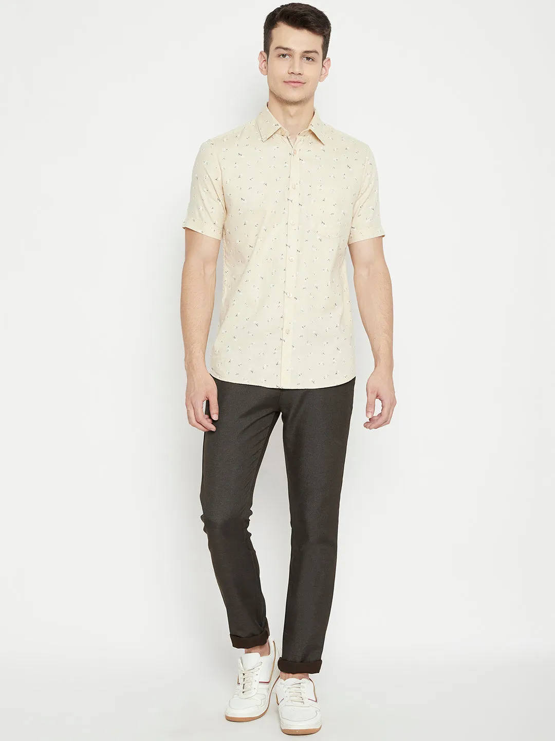 Cream Floral Printed Slim Fit shirt