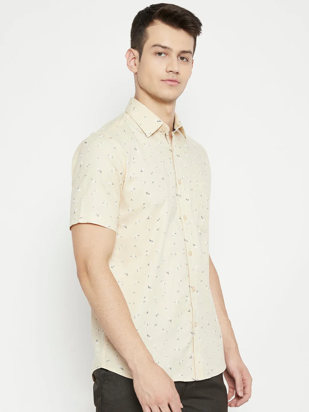 Cream Floral Printed Slim Fit shirt