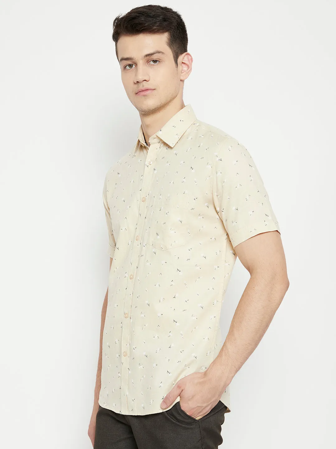 Cream Floral Printed Slim Fit shirt