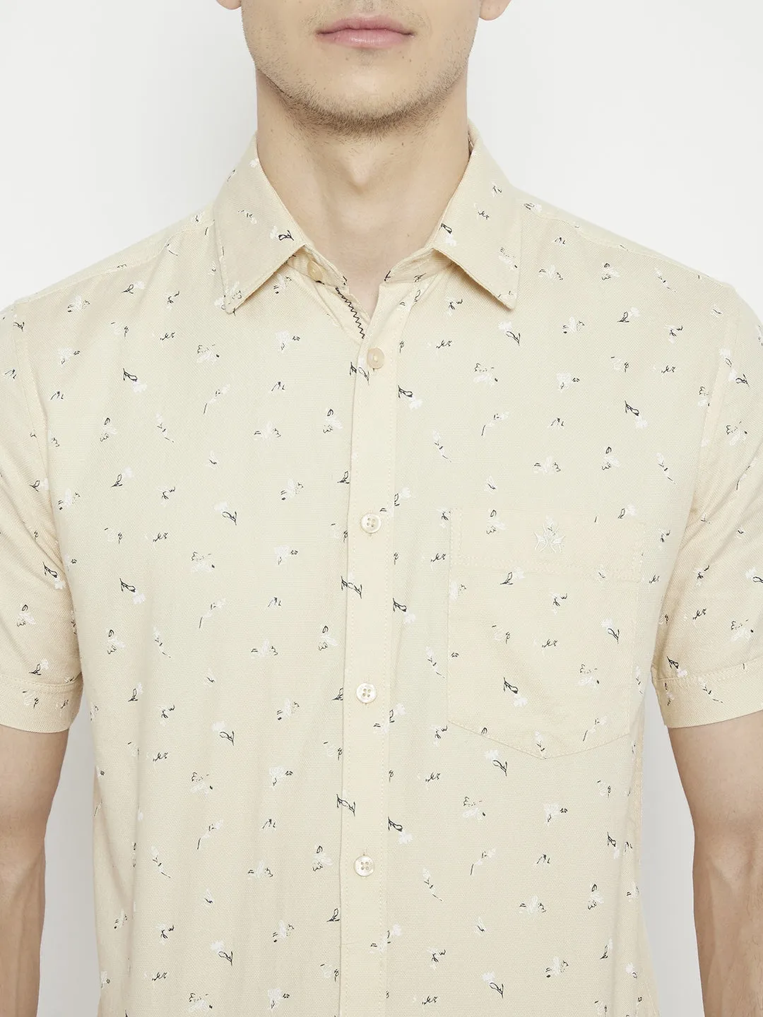 Cream Floral Printed Slim Fit shirt