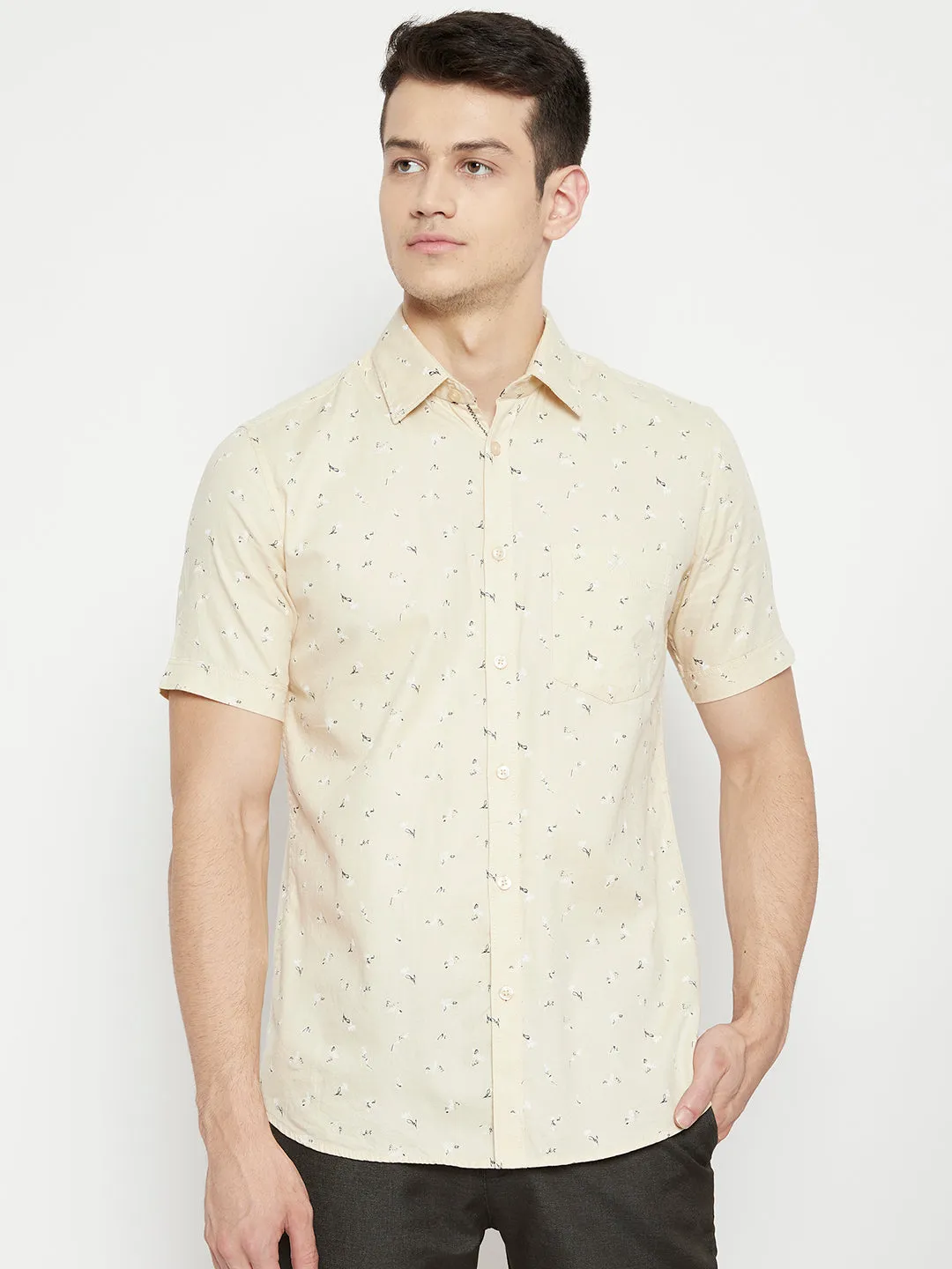 Cream Floral Printed Slim Fit shirt