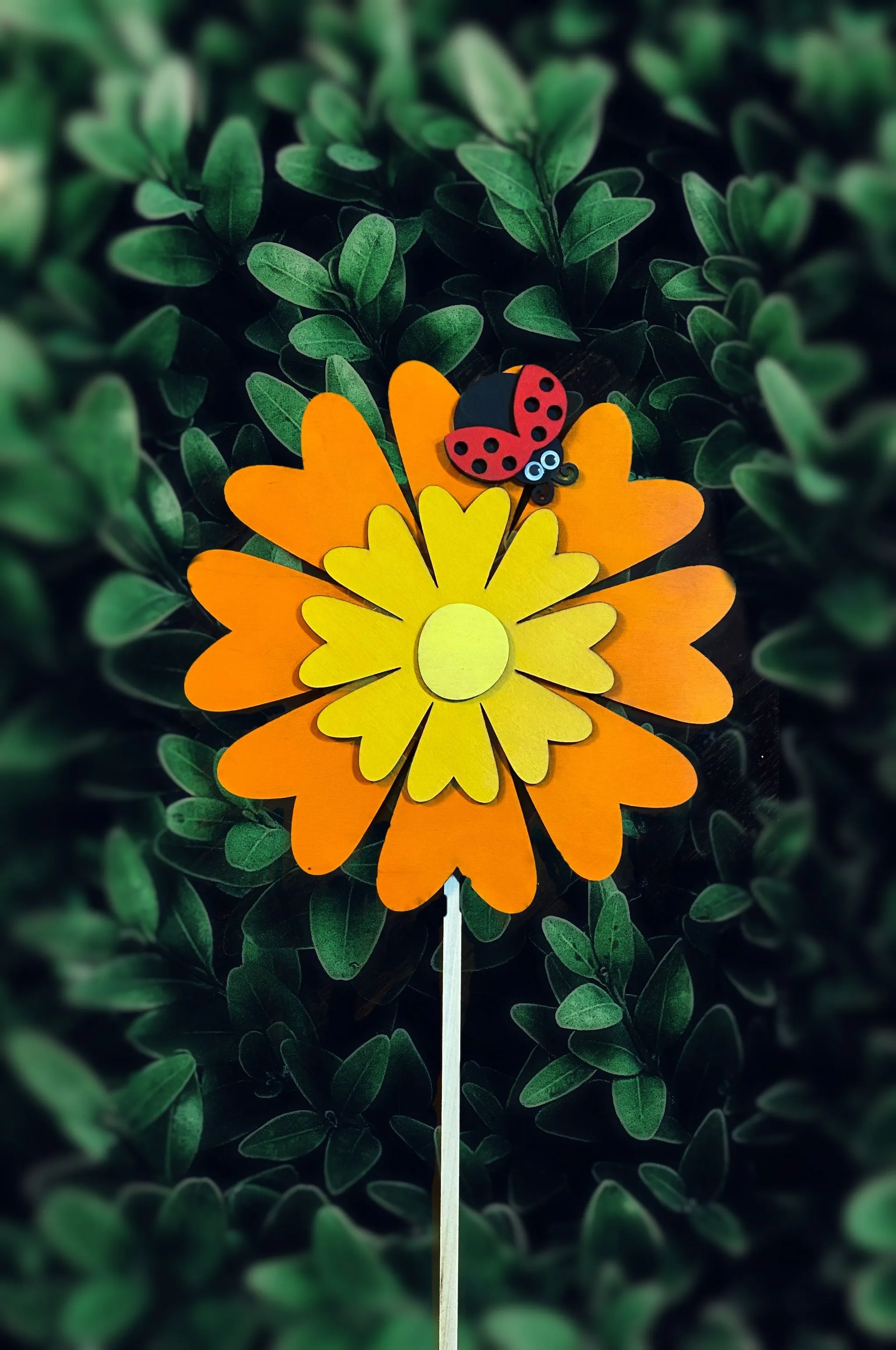 Daisy and Ladybug Wooden Garden Stake with Matte Finish