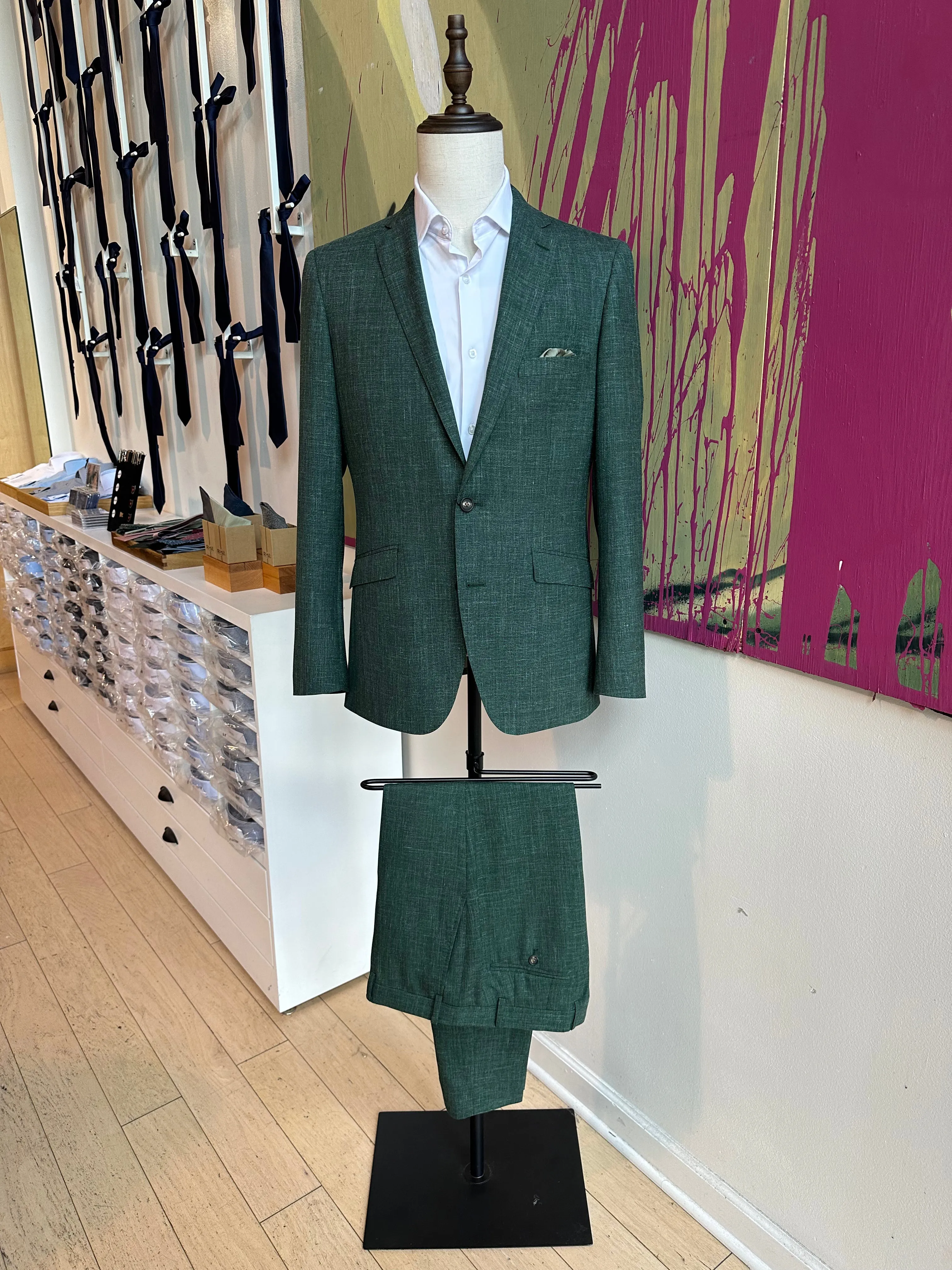 Dark Green Linen Blend Luxury Suit Pants