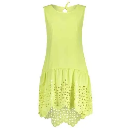Drop Waisted Hollow Out Hem Sleeveless Dress - Yellow M