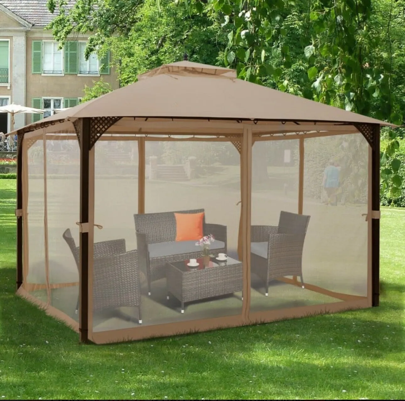 Elegant Heavy Duty Sturdy Design 12x10 FT Outdoor Double Top Patio Gazebo With Netting | Double Vented Roof | Sun-Proof & Waterproof Design