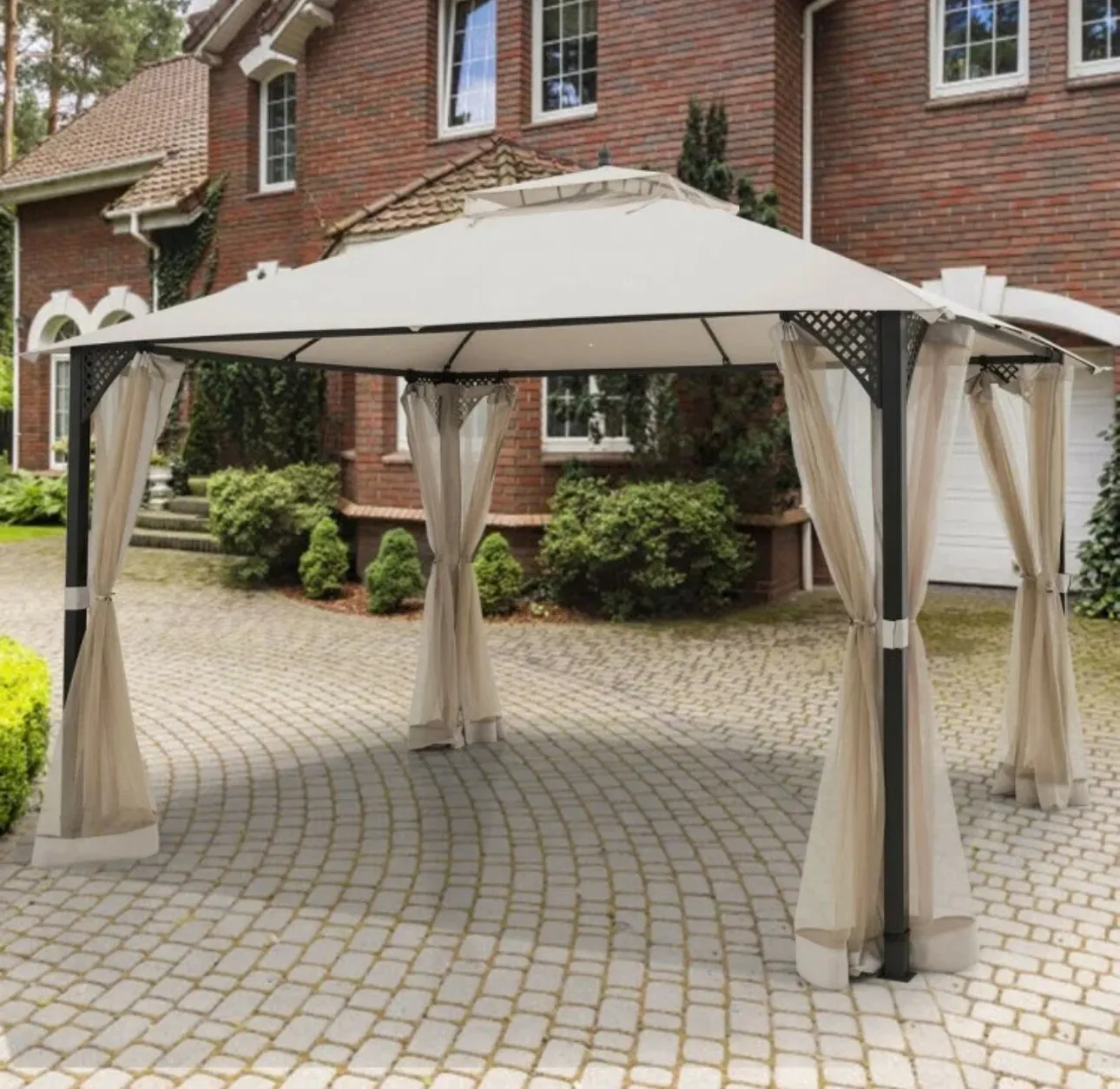 Elegant Heavy Duty Sturdy Design 12x10 FT Outdoor Double Top Patio Gazebo With Netting | Double Vented Roof | Sun-Proof & Waterproof Design