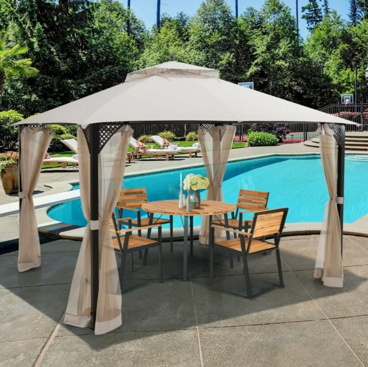Elegant Heavy Duty Sturdy Design 12x10 FT Outdoor Double Top Patio Gazebo With Netting | Double Vented Roof | Sun-Proof & Waterproof Design