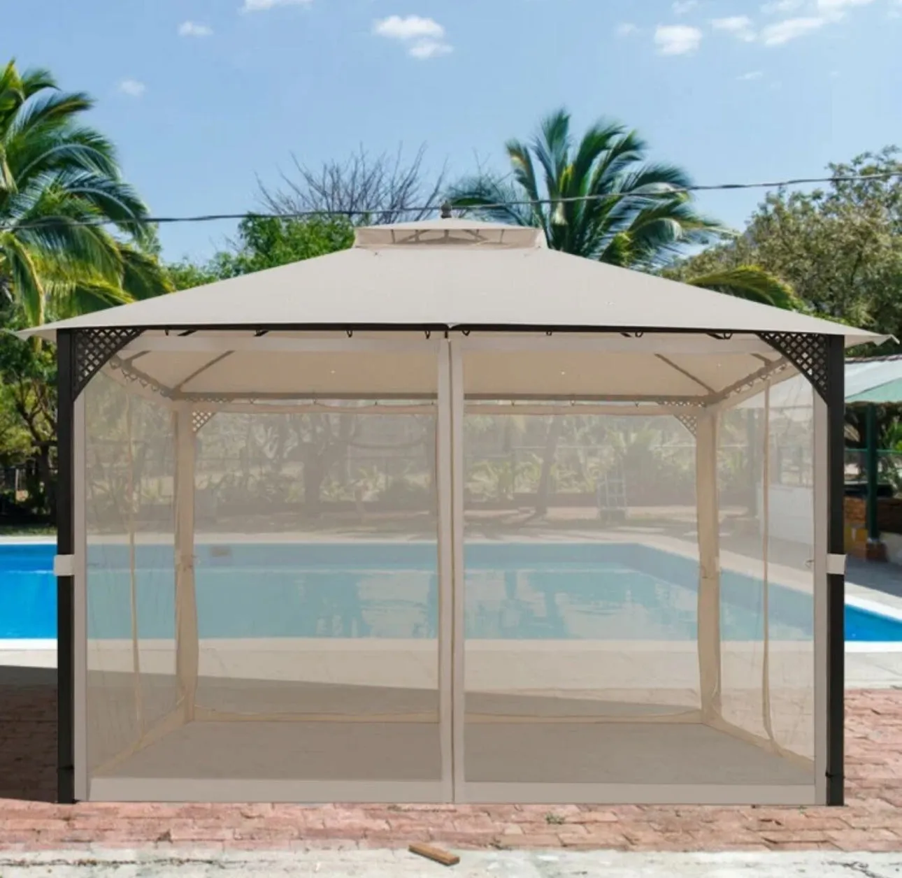 Elegant Heavy Duty Sturdy Design 12x10 FT Outdoor Double Top Patio Gazebo With Netting | Double Vented Roof | Sun-Proof & Waterproof Design