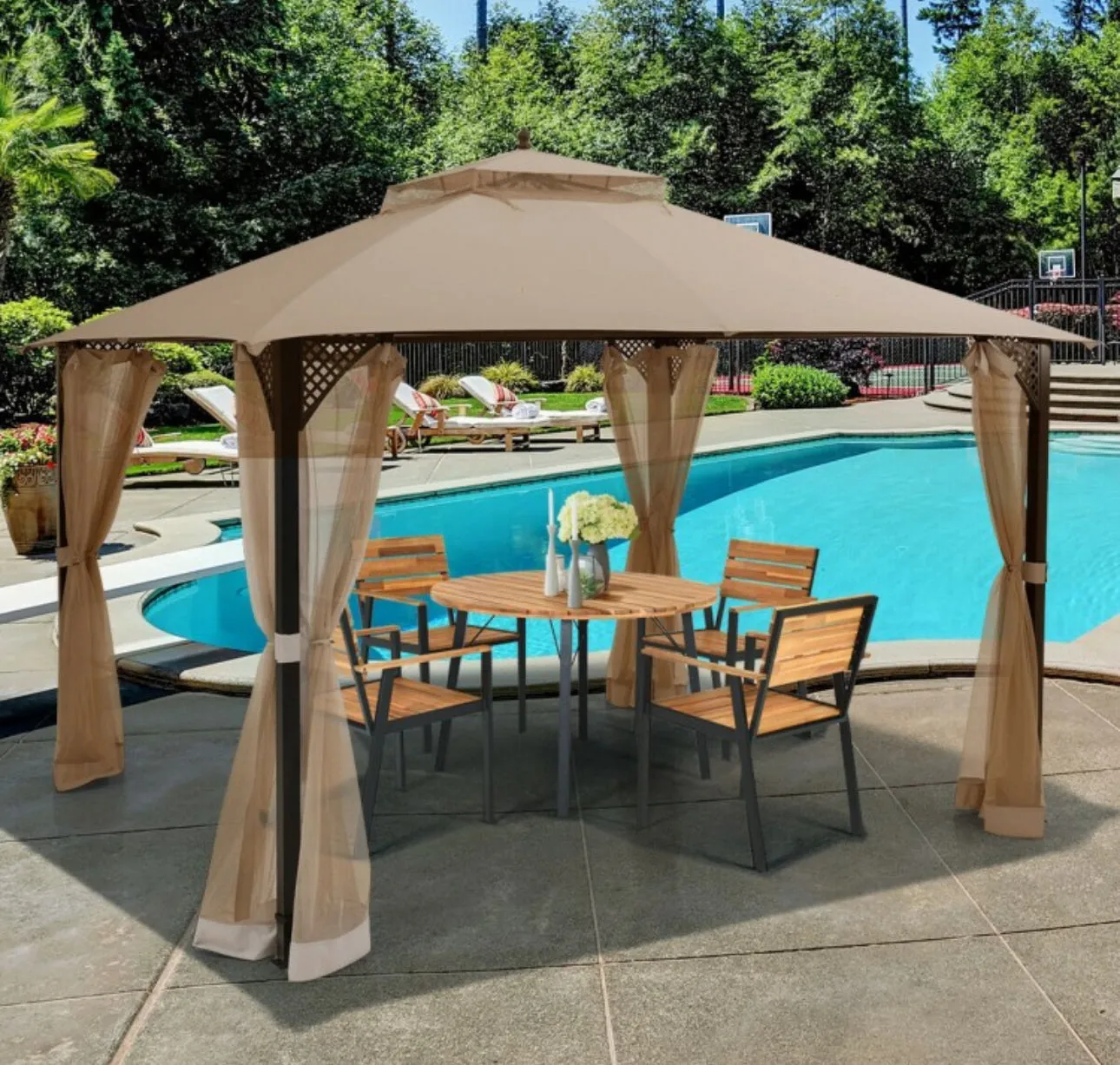 Elegant Heavy Duty Sturdy Design 12x10 FT Outdoor Double Top Patio Gazebo With Netting | Double Vented Roof | Sun-Proof & Waterproof Design
