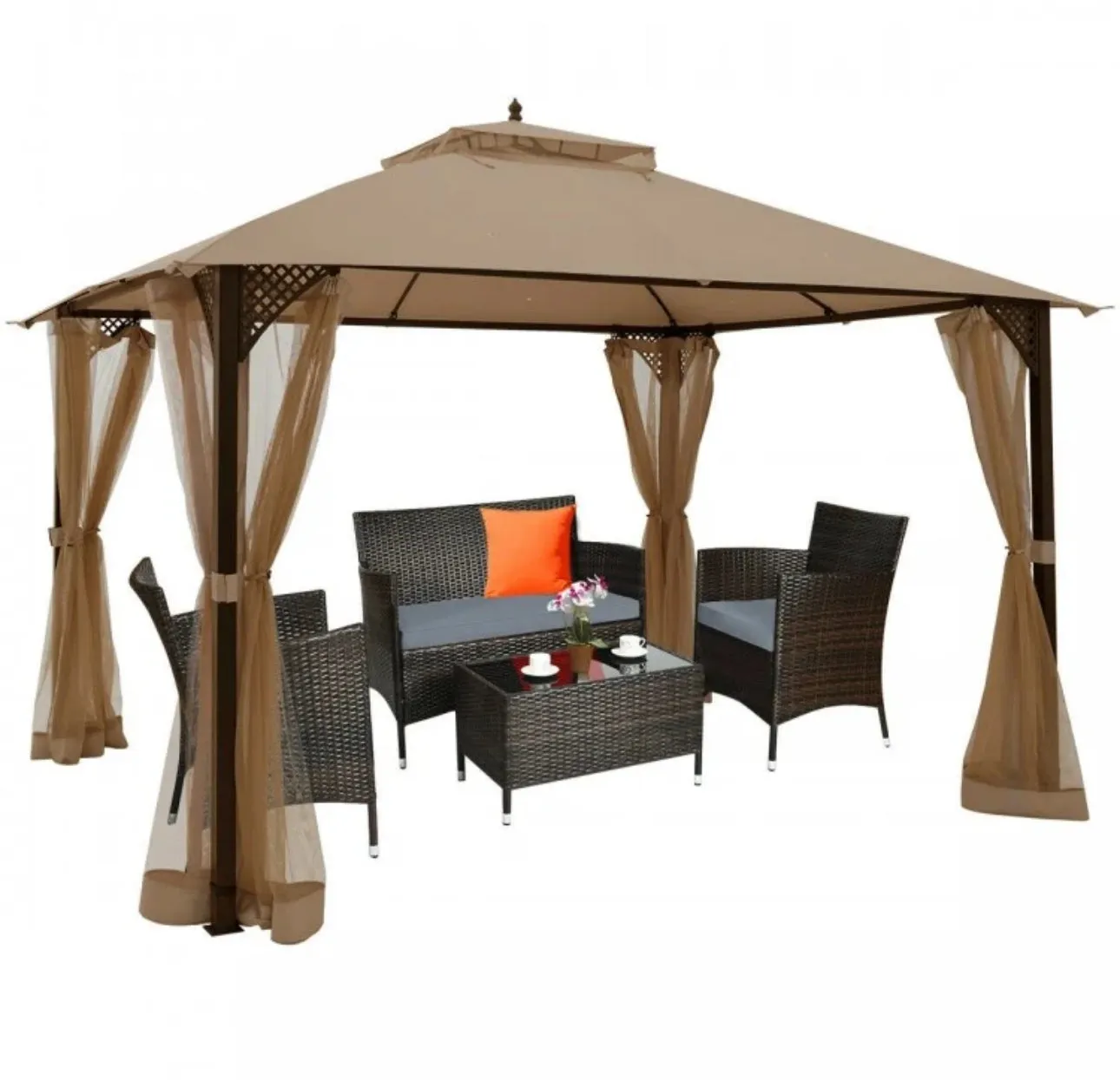 Elegant Heavy Duty Sturdy Design 12x10 FT Outdoor Double Top Patio Gazebo With Netting | Double Vented Roof | Sun-Proof & Waterproof Design
