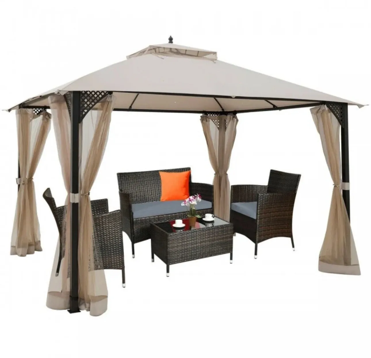 Elegant Heavy Duty Sturdy Design 12x10 FT Outdoor Double Top Patio Gazebo With Netting | Double Vented Roof | Sun-Proof & Waterproof Design