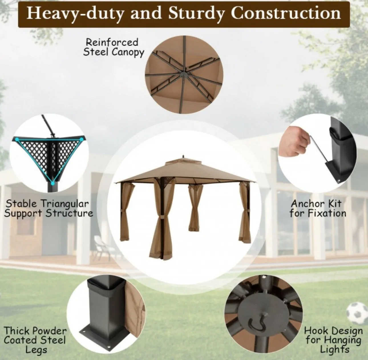 Elegant Heavy Duty Sturdy Design 12x10 FT Outdoor Double Top Patio Gazebo With Netting | Double Vented Roof | Sun-Proof & Waterproof Design