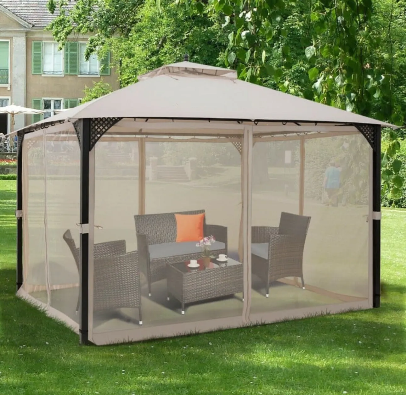 Elegant Heavy Duty Sturdy Design 12x10 FT Outdoor Double Top Patio Gazebo With Netting | Double Vented Roof | Sun-Proof & Waterproof Design