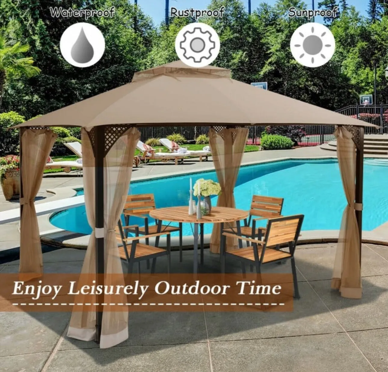 Elegant Heavy Duty Sturdy Design 12x10 FT Outdoor Double Top Patio Gazebo With Netting | Double Vented Roof | Sun-Proof & Waterproof Design