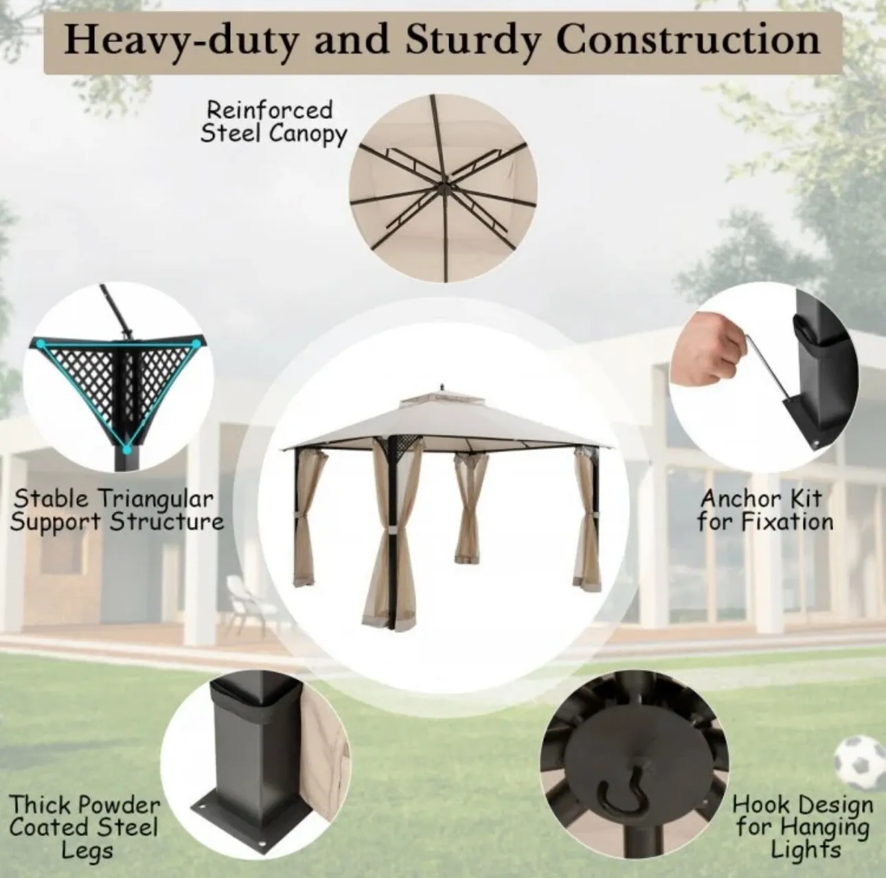 Elegant Heavy Duty Sturdy Design 12x10 FT Outdoor Double Top Patio Gazebo With Netting | Double Vented Roof | Sun-Proof & Waterproof Design