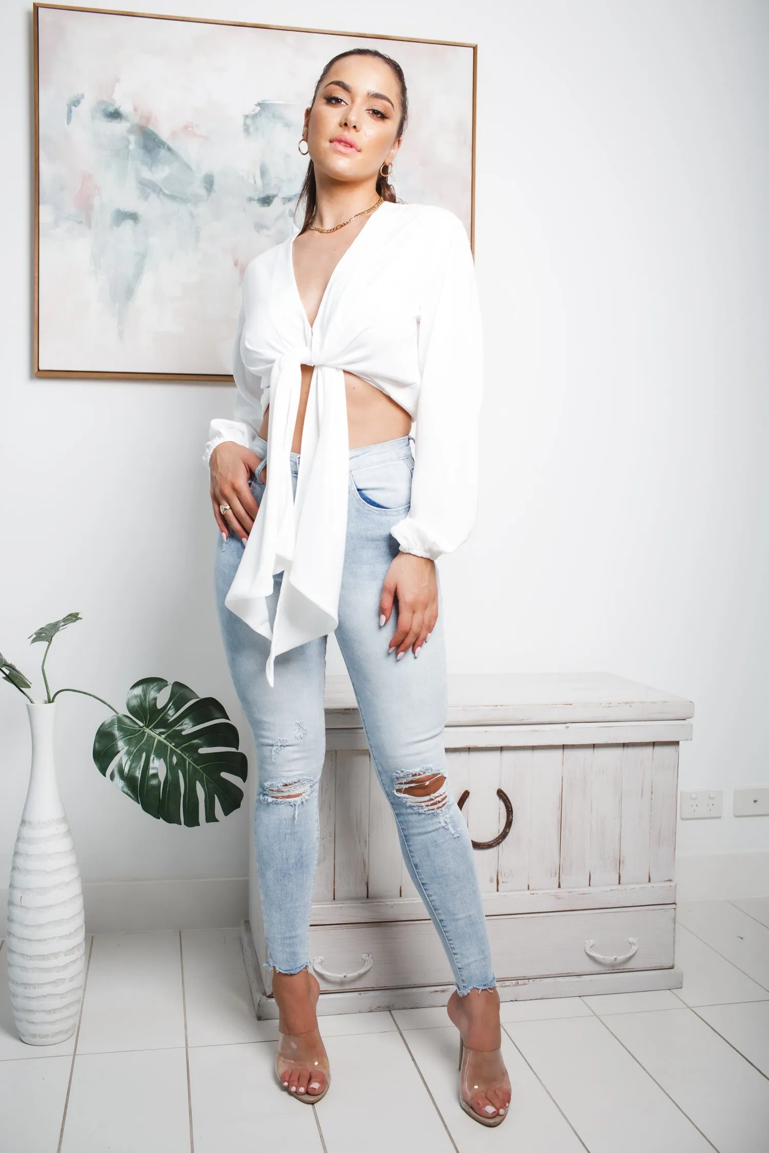EMILY LONG SLEEVE CROP TOP - White