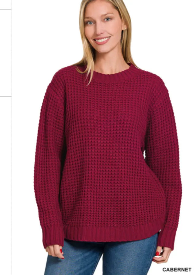 Emma Hi-Low Waffle Sweater | Cabernet