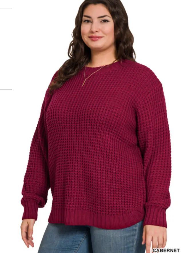 Emma Hi-Low Waffle Sweater | Cabernet