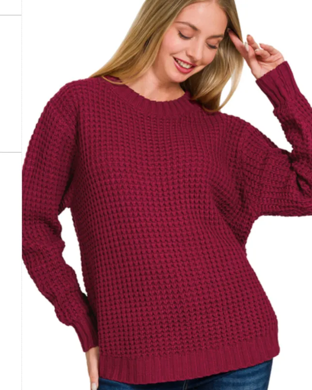 Emma Hi-Low Waffle Sweater | Cabernet