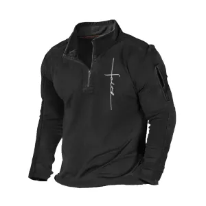 FAITH CROSS STAND COLLAR ZIPPER POCKET GRAPHIC SWEATSHIRT