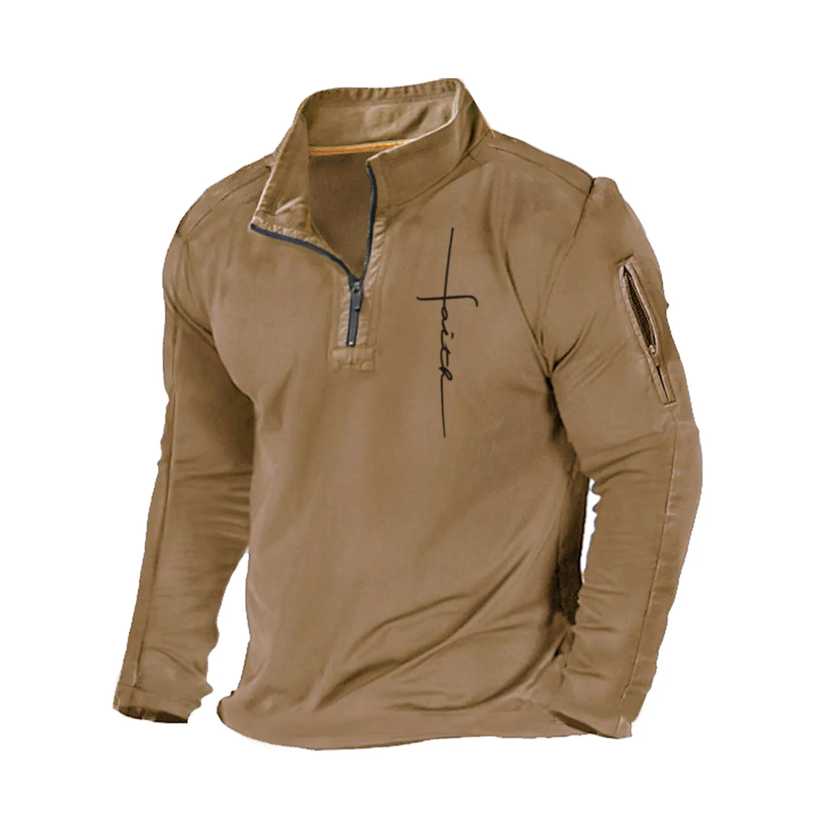 FAITH CROSS STAND COLLAR ZIPPER POCKET GRAPHIC SWEATSHIRT