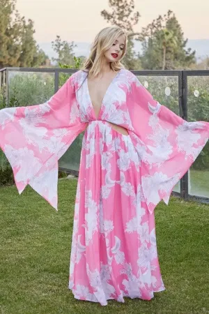Floral Dream Pink Print Dress for Elegance with dolman sleeves and open sides