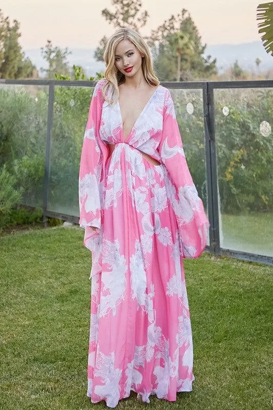 Floral Dream Pink Print Dress for Elegance with dolman sleeves and open sides