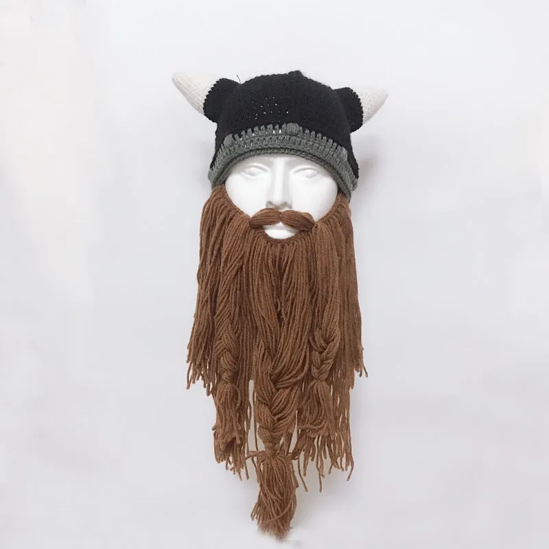 Funny Crazy Halloween Cosplay Men Knit Viking Beard Horn Hat Ski Mask Cap Barbarian Vagabond Cool Beanie Winter Warm Unisex Hat Brown_Free size